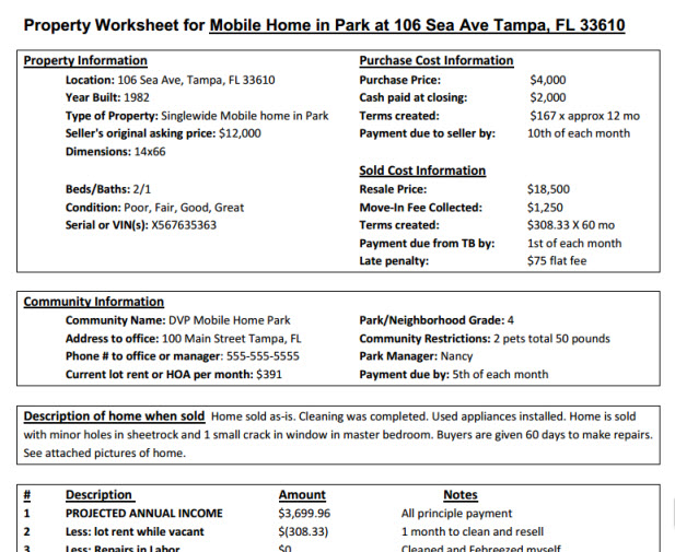Property Data Sheet Mobile Home Investing